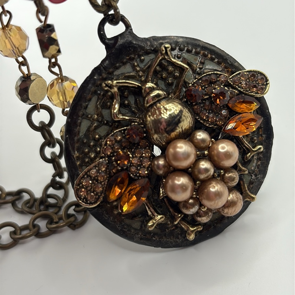 Hand Made Artisan Gold and Brown Honey Bee Pendant Statement Necklace 3 D